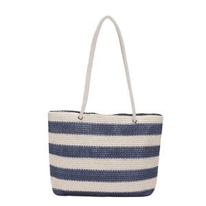 Woven Straw Mini Tote Bag, Rope Handle, Cream/Blue Striped, NWOT